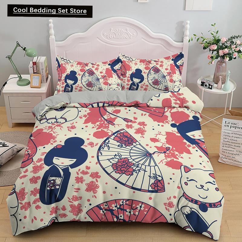 Bettbezug mit japanischer Puppe, bedruckt, King-Queen-Bett, Cartoon-Glückskatze, Bettwäscheset für Kinder und Mädchen, Fan, weiß, 2/3-teilig, Polyester-Bettbezug