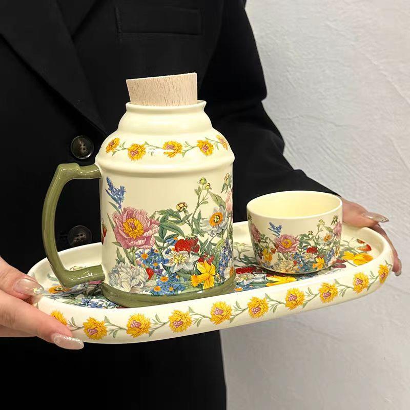 Retro Design Wind Chimes Flower Kettle Cup Set, Afternoon Tea Ceramic Cup, High-End Sense, Large-Capacity Teacup With Lid