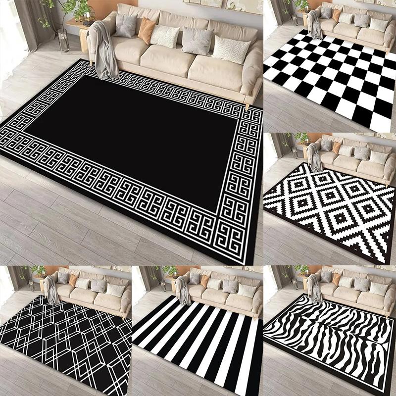 Black White Geometric Rug , Striped Checkered Carpet Soft Non-Slip Doormat , Modern Artistic Floor Mat for Living Room Bedroom
