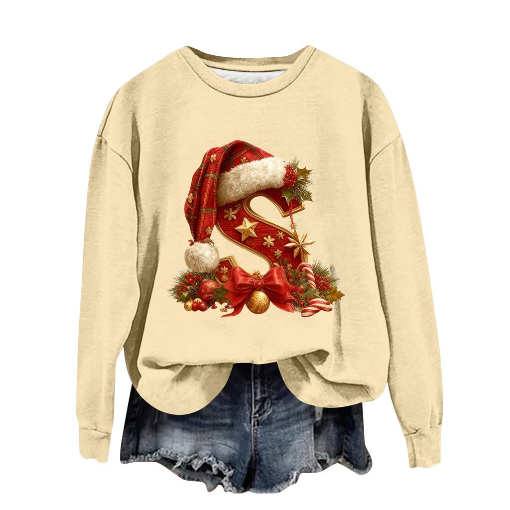Women's Fashionable Casual Long-Sleeved Christmas Letter Print Crew-Neck Sweatshirt