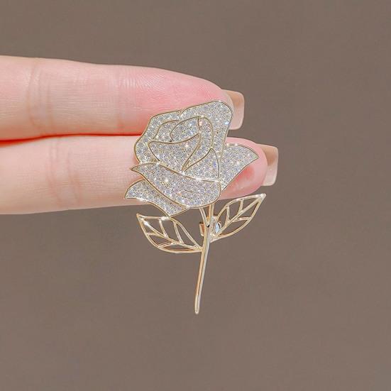 Women Brooch High-Gloss Rhinestone Inlay Sparkling Rose Flower Design Lapel Pin Non-Slip Buckle Zinc Alloy Scarf Badge