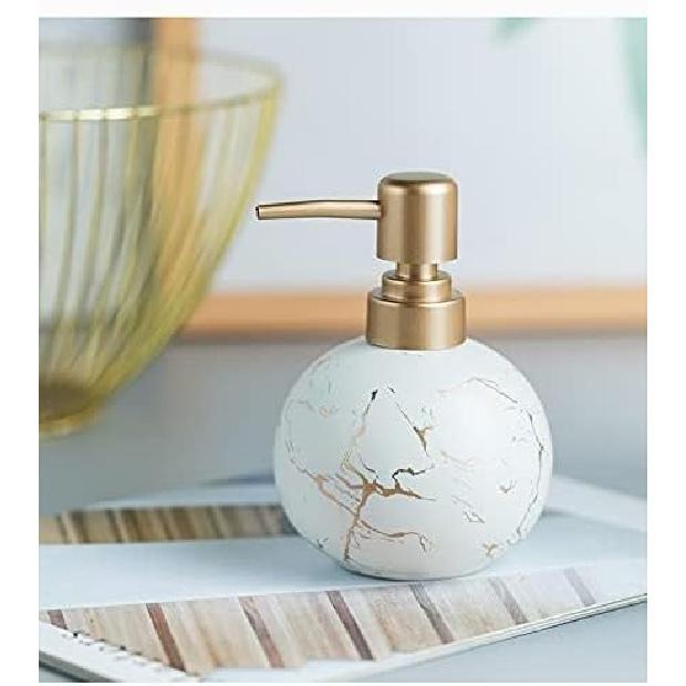 Gold Soap Dispenser for Bathroom or Kitchen, Cute Marble Round Ceramic Lotion Bottle, Rust-Free Pump(White)