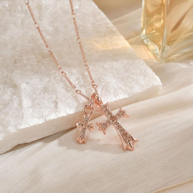 Double Cross Pendant Necklace Couples Titanium Steel Charm With Colored Cubic Zirconia Gold Rose Chain