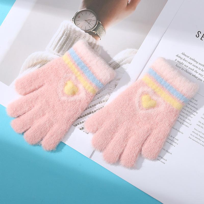 Neue Liebe Gestreiftes Mädchen Warme Handschuhe Winter Kältefest und Verdickt Kinder Gestrickt Fahrrad Spielen Schnee Schreiben Fünf Finger