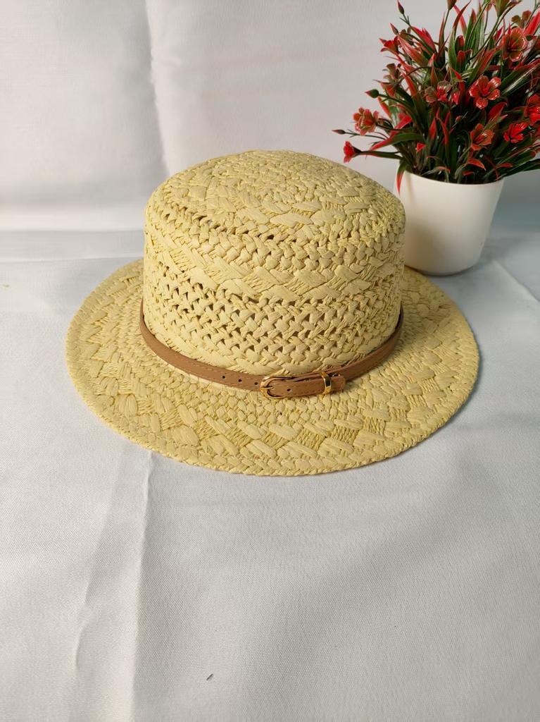 Retro old money wind flat top straw hat women's summer hollow sunshade sunscreen hat seaside beach vacation straw sun hat