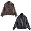 Womens Vintage Stand Collar Faux Leather Jacket Retro Fashion Blazer Commute