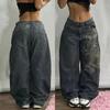 ZYLLO American New Fashion Geometric Pattern Embroidered Baggy Jeans Women Y2K Harajuku Vintage Hip-hop Popular Casual Wide-leg Pants