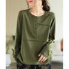 Spring and Autumn Women's Vintage Solid Buttons Long Sleeve Basic T-shirts  Simple Casual O-Neck Loose Pullover Tops