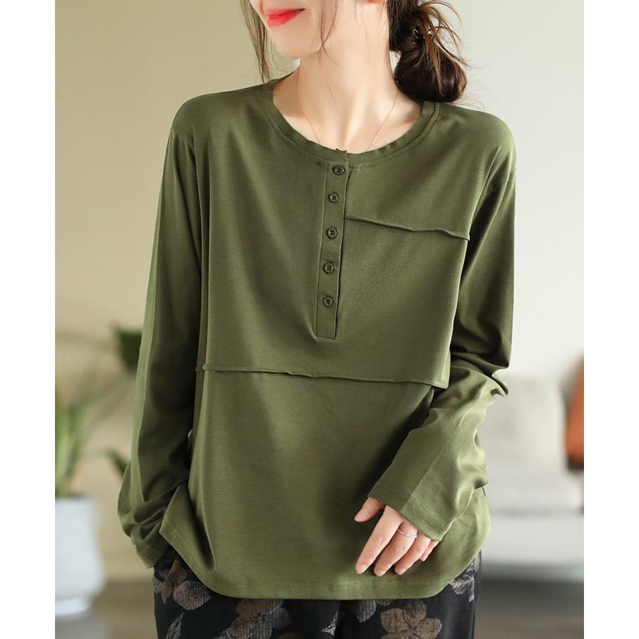 Spring and Autumn Women's Vintage Solid Buttons Long Sleeve Basic T-shirts Simple Casual O-Neck Loose Pullover Tops