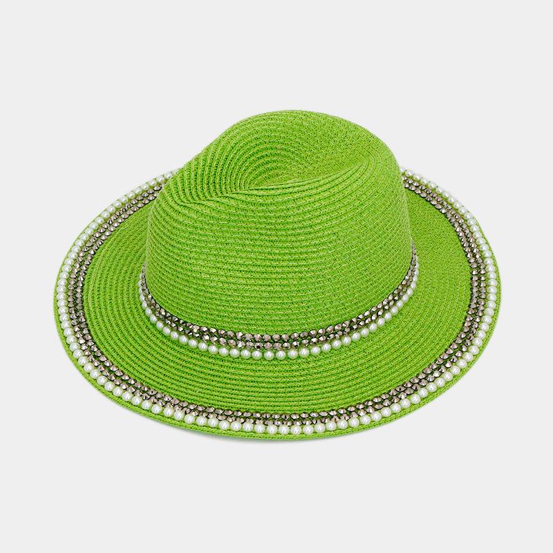 Woven Lafite Pearl Straw Hat British Style Hot Diamond Top Hat Outdoor Trend Sun Protection Big Brim Sun Hat