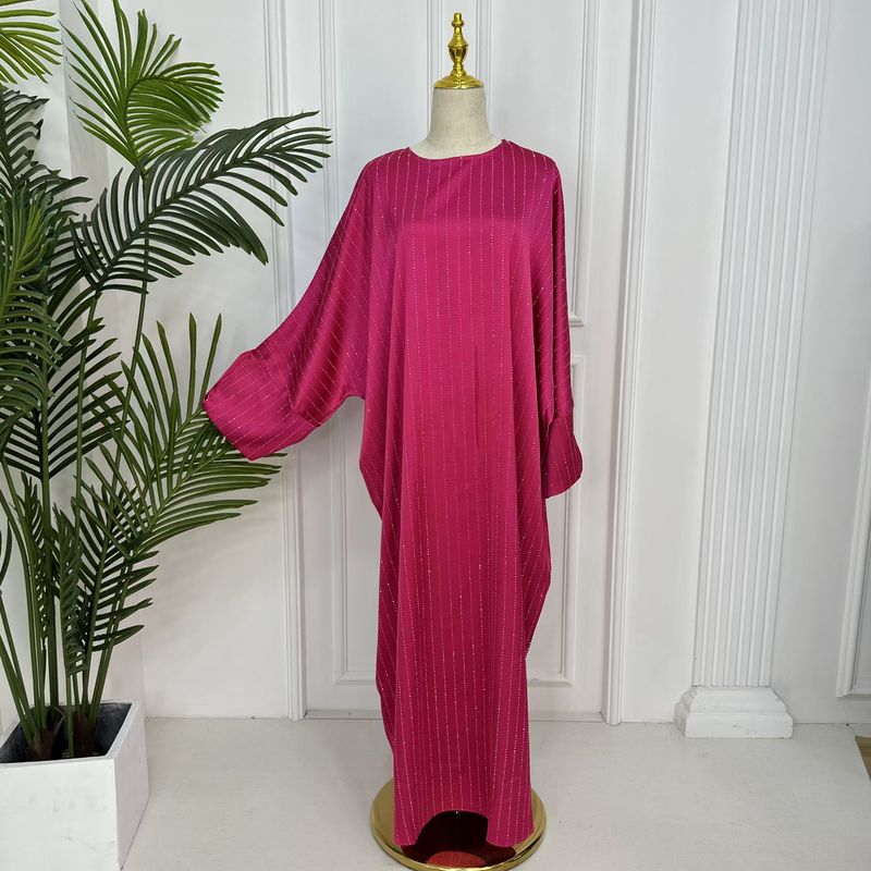 

New Middle East Dubai round Neck Stripe Loose Robe Dress round Neck Neck Striped Dress Rose Red M