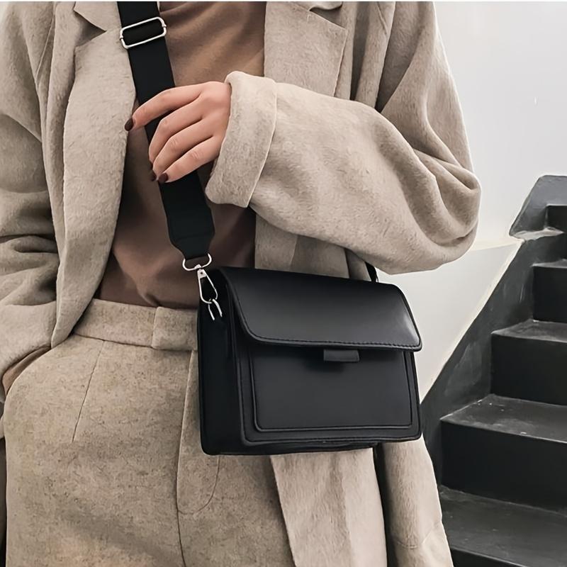 Vintage Solid Color Women'S Crossbody Bag, Simple Texture Versatile Wide Shoulder Strap Fashion Small Square Bag, Detachable Adjustable Shoulder Strap