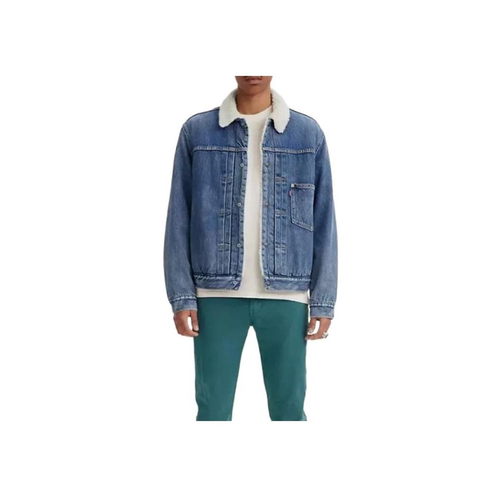 Levis Fw22 Lapel Shearling Collar Single-Breasted Denim Jacket Unisex Jacket Denim-Blue A4882-0000