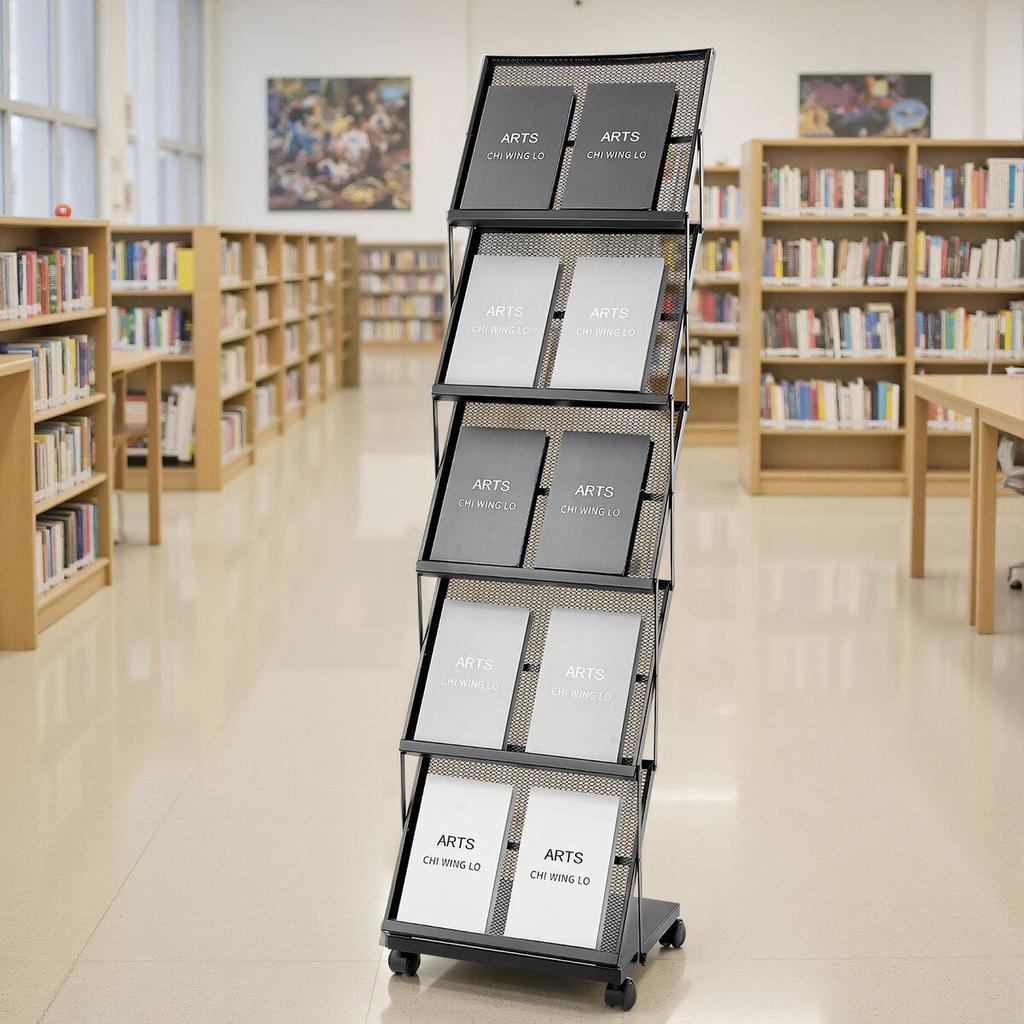 Brochure Display Rack, Foldable 5 Pockets Magazine Literature Display Stand, Movable Floor Standing Magazine Rack with Wheels, Metal Newspaper Catalog