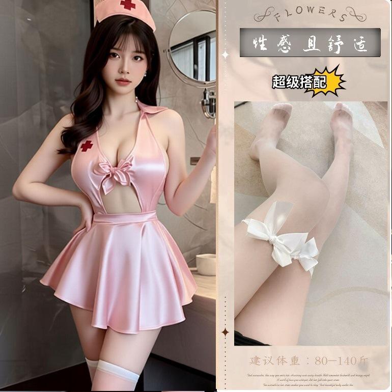 Sexy deep V neck lingerie COS nurse uniform lapel big halter nurse flirting pajama set