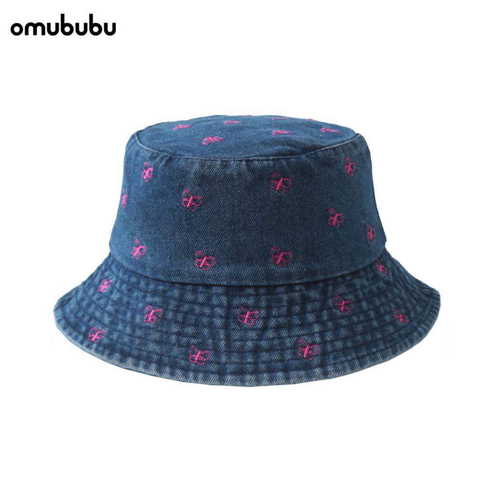 Watermelon embroidered denim bucket hat men's wide eaves sunshade fashionable versatile face small bucket hat girls sunscreen hat