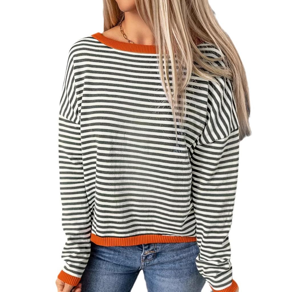 Europe, America 1116 autumn and winter new women's clothing women's crew neck striped contrasting long-sleeved top