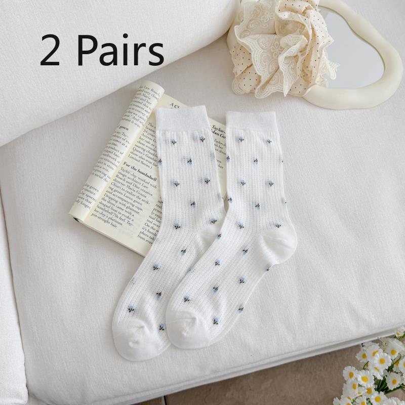 2 Pairs of Thin Mesh Small Floral Country-style Women's Mid-length Cotton Socks with Breathable Layers