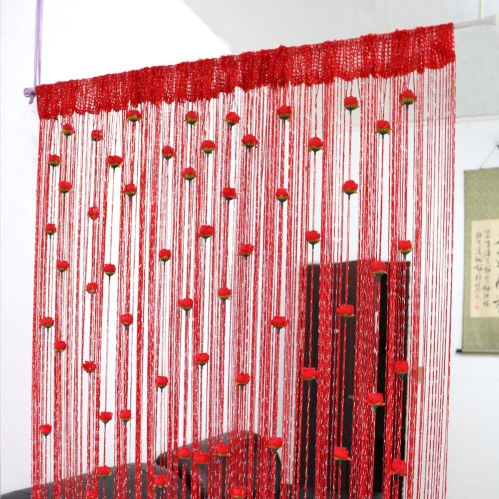 Window Treatment Shiny Rose Flower String Curtain Solid Color Room Divider Door Curtain 1*2M Tassel Window Curtain Home Decor