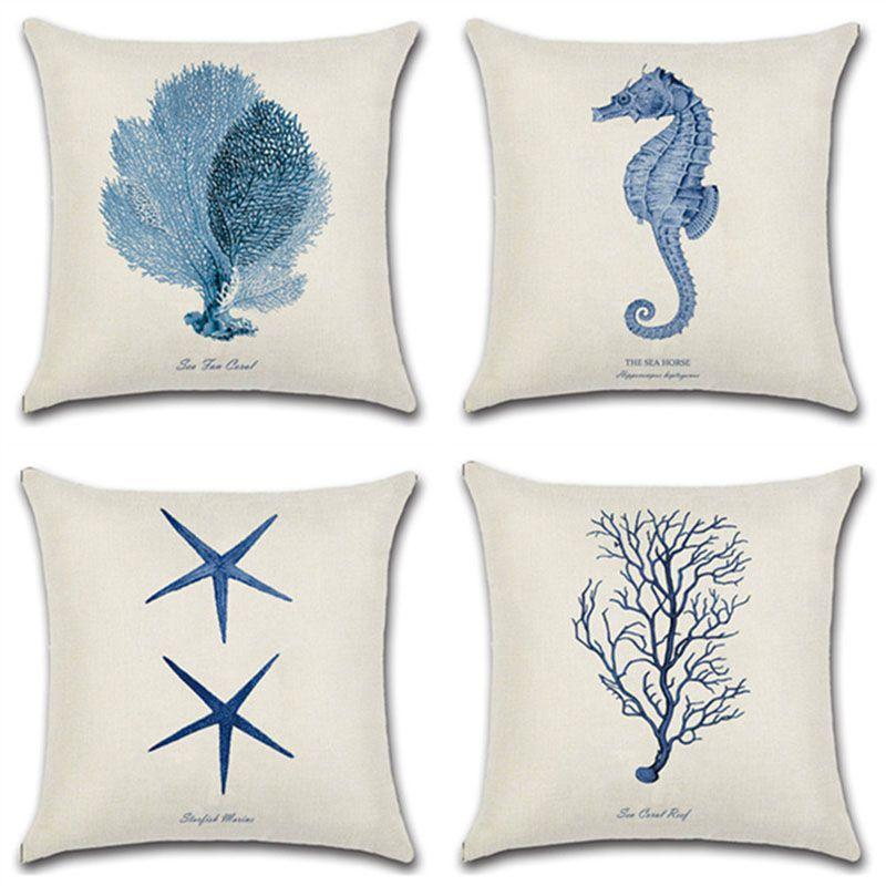 Premium Quality Flax Throw Pillow Case With Marine Organism Patterns For Home Decor