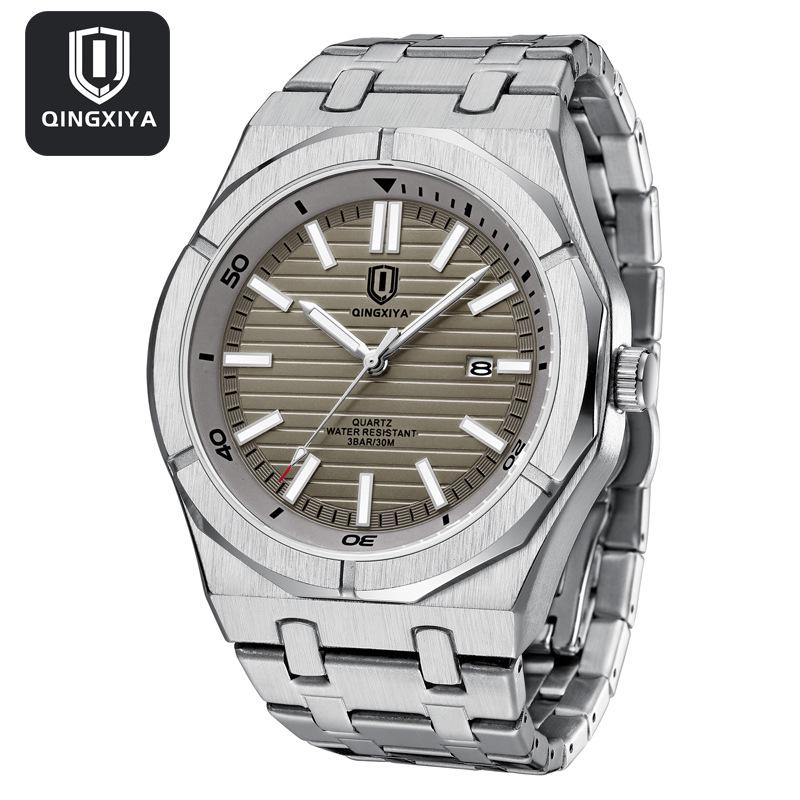 

QINGXIYA Модные мужские водонепроницаемые светящиеся спортивные кварцевые часы из нержавеющей стали серый