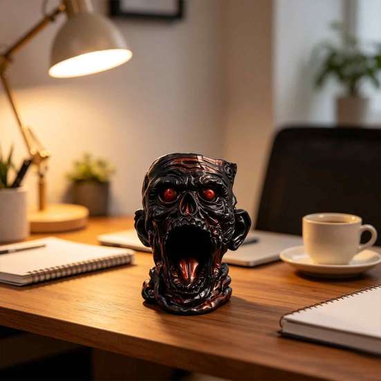 Resin Desk Organizer Gothic Skull Pen Holder, Realistic Zombie Head Makeup Brush Organizer, Large Capacity Desktop Holder Storage Container,