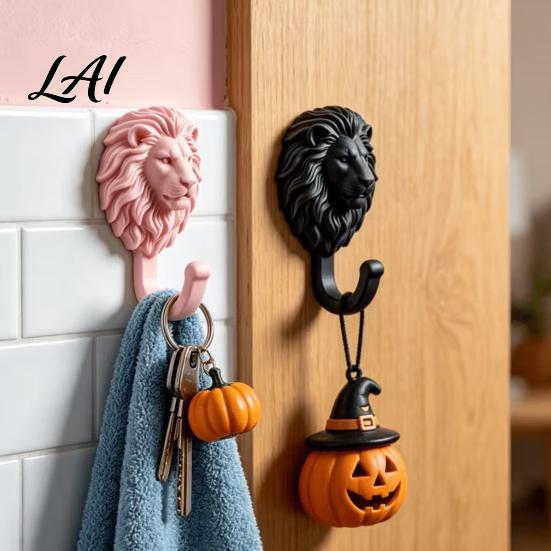 Drill Free Towel Hanger 2Pcs Lion-Head Wall Hooks 3D Printed Animal Shaped Hanger Self‑Adhesive Bathroom Accessories for Coat Key Hook,
