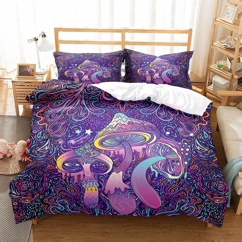 Mushroom Kids Duvet Cover Set King/Queen Size, Cartoon Trippy Colorful Fantasy Mushroom Soft Bedding Set For Girl Teen