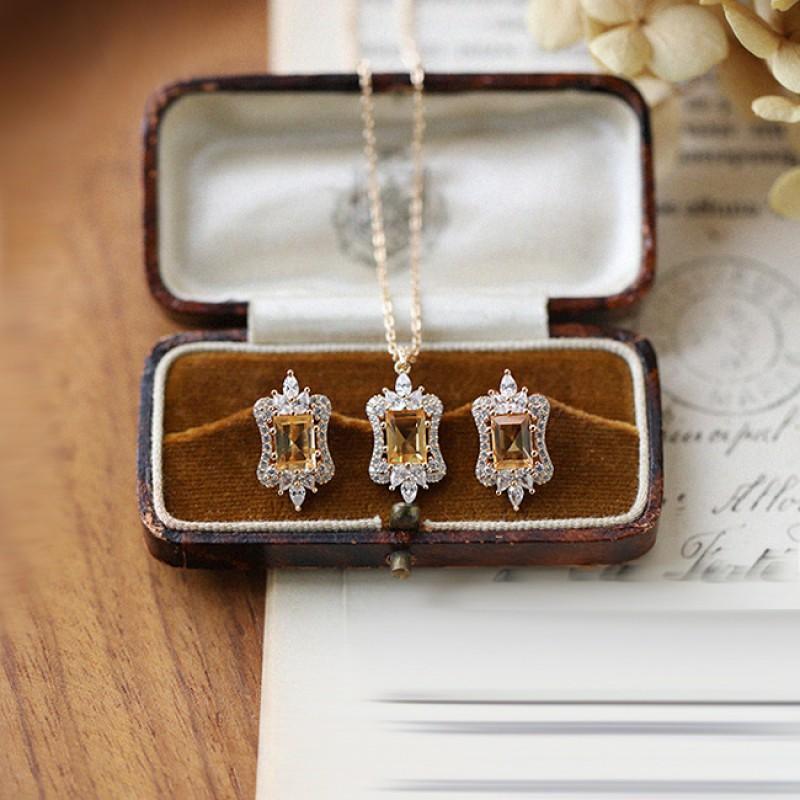 Natural Yellow Citrine Pendant Necklace Women Sterling With 18K Gold Plating Geometric Octagon Design Cross