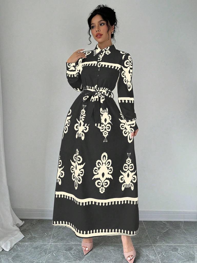 2025 Autumn/Winter European & American Print Lace-Up Long Sleeve Dress