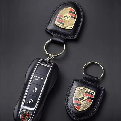 Shield Modeling Car Keychain Leather Key Ring Chain Men Women Gift For Porsche 911 Cayenne Cayman Panamera Macan Taycan Boxster