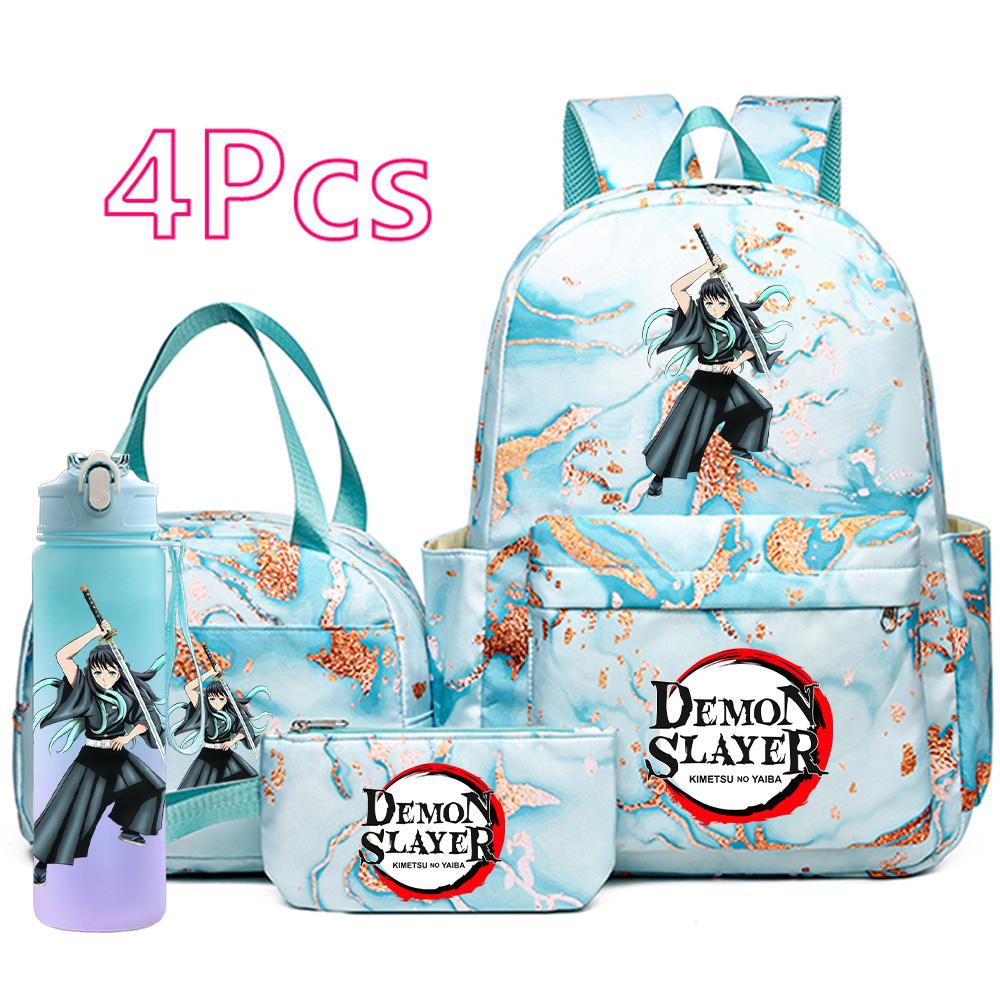 4-teiliges Set mit aufgedrucktem Demon Slayer-Cartoon-Rucksack, Handtasche, Federmäppchen und 750-ml-Trinkflasche für Teenager (Jungen und Mädchen) – große Kapazität, wasserdichter Schulrucksack