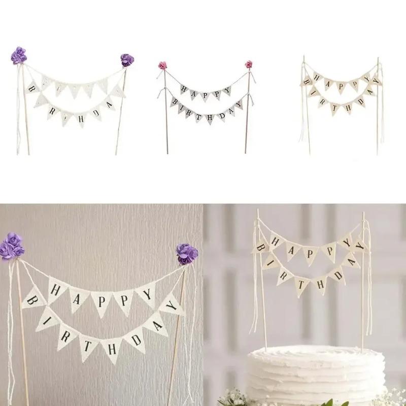 Happy Birthday Party Cake Flag Topper Creative Cloth Letter Decor DIY Baking Decor for Festive Cakes