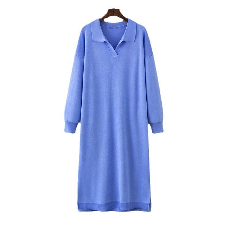 Herbst und Winter neues Olo-Kragen Unterteil gestricktes langes Kleid locker große Größe einfarbig Damenkleid