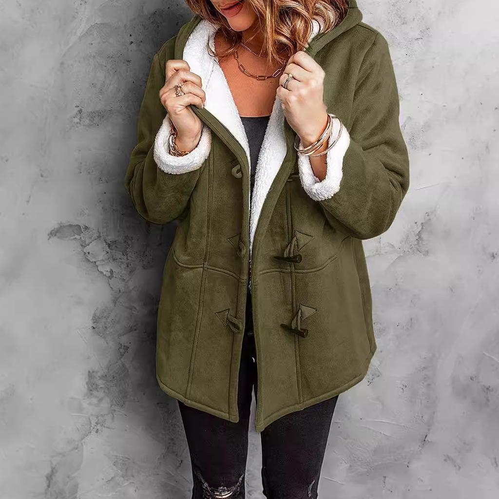 Winter Women's Mid-Length Shearling Coat, Detachable Faux Fur Collar Jacket With Pockets, Simple Pure Color Casual Buttoned Cardigan For Daily Wear