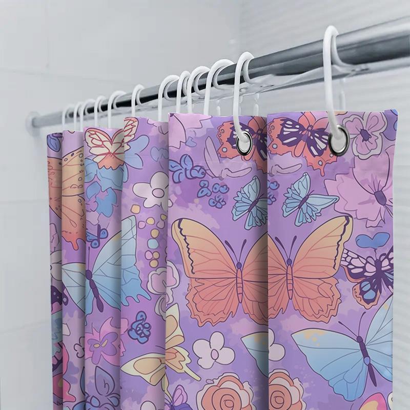 Zasłony prysznicowe z nadrukiem motyli Fioletowy wzór kwiatowy do dekoracji łazienki Tkanina z nadrukiem 3D Wodoodporna zasłona prysznicowa Home Deco