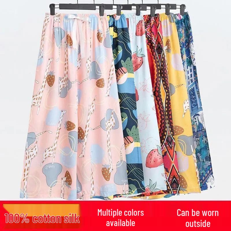 Damspecifika Plus Size Byxor i Bomull och Silke med Vida Ben - Casual Niopunktslängd för Hem & Utomhus