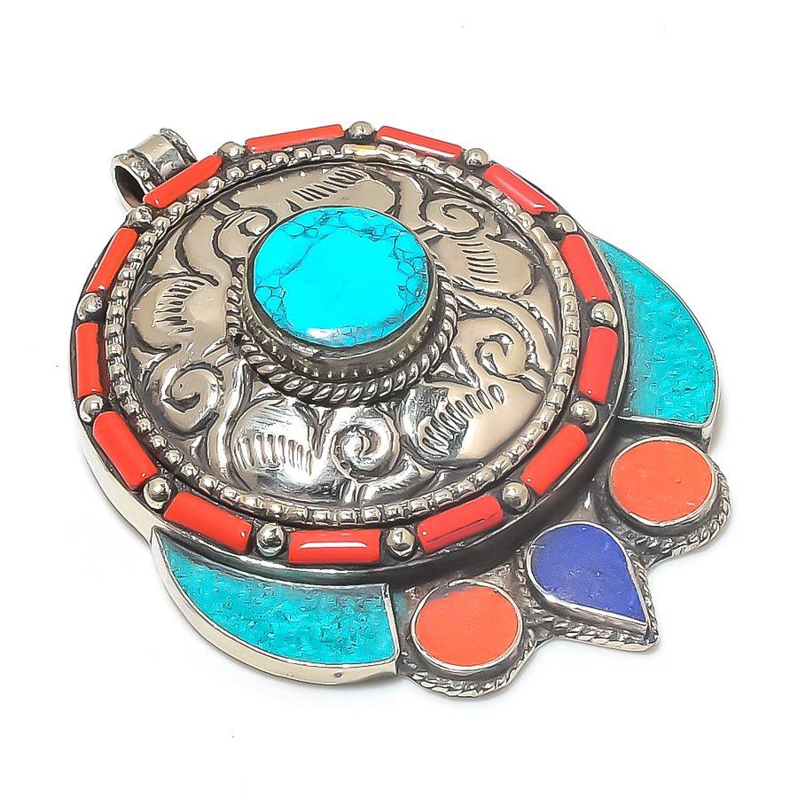 

Подвеска из натурального тибетского бирюзового, лазурита, стерлингового серебра 925 пробы, 2,88 дюйма, p5Y28