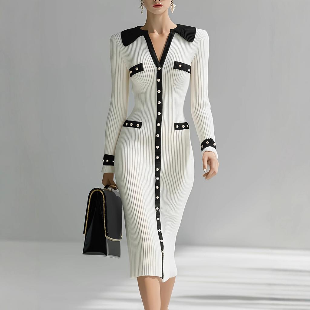 Europe, America, Autumn and Winter High-end Collar Fashion Slim-fitting Single-breasted Knitted Skirt Long Contrasting Color Dress