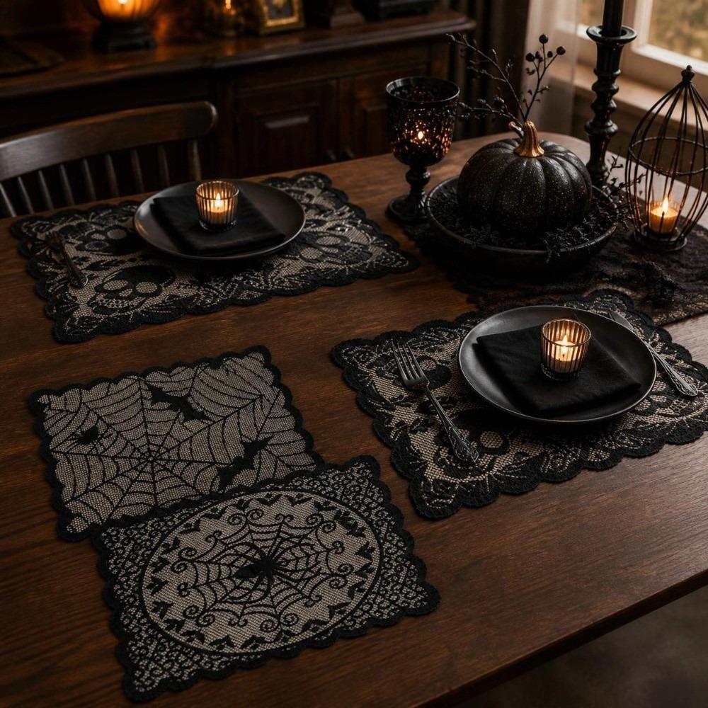 Gothic Style Halloween Placemats Skeleton Bat Table Napkins Durable Dining Mat Dining Table