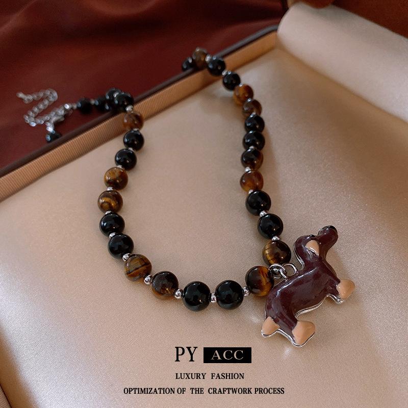 Cartoon Welpe Tigerauge Halskette: Koreanische Retro Vielseitige Pulloverkette High-End Schmuck für Frauen