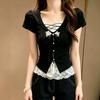 Sweet Spice Girl Lace Splicing Fake Two-piece Short Sleeve T-Shirt Women's Summer New Slim-Fit Unique Super Good-Looking Top