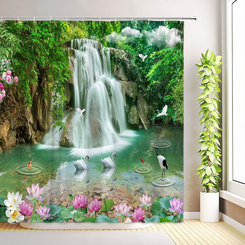 Tropical Ocean Scenery Shower Curtains Palm Tree Flowers Plants Nature Forest Waterfall Outdoor Garden Bathroom Decor with Hooks