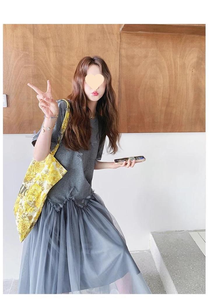 2025 Summer Korean Style Loose Maternity A-line Dress with Mesh Details