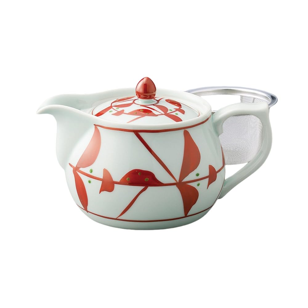 Ale-net Teapot (Stainless Steel with Strainer), 11 x 9.5 cm, 450cc, Arita Ware, Ancient Vermilion Flower Design with Basket Mesh, Porcelain, Made in