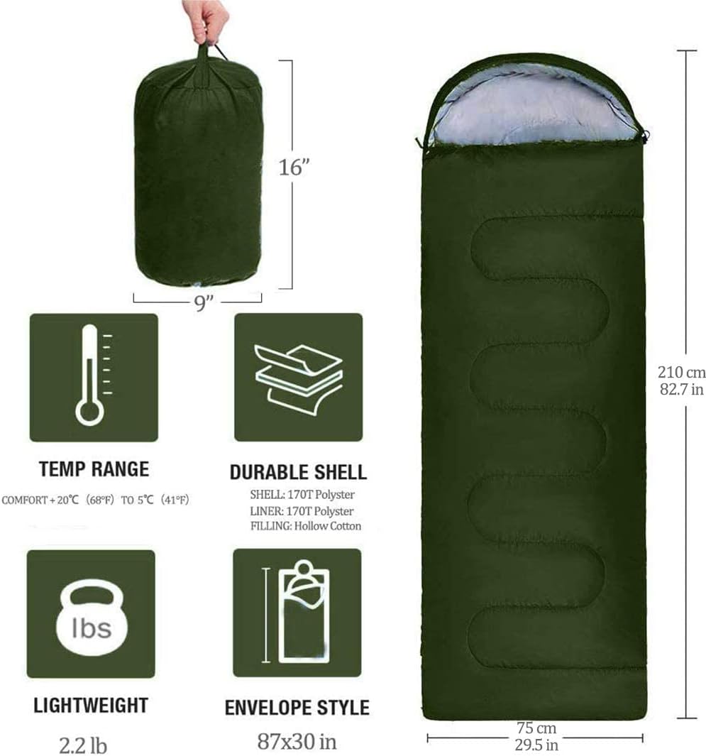 

Camping Sleeping Bag Waterproof 3 Season Warm Envelope Backpacking Sleeping Bags for Outdoor Hiking Suitbale Tempeprature 0-5℃ зелёный
