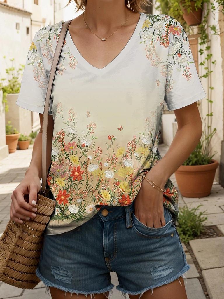 New Colorful Plaid Patchwork 3D Print T-Shirts Women's V-Neck Short Sleeve T Shirt Y2k Harajuku Tees Casual Tops Female Clothing