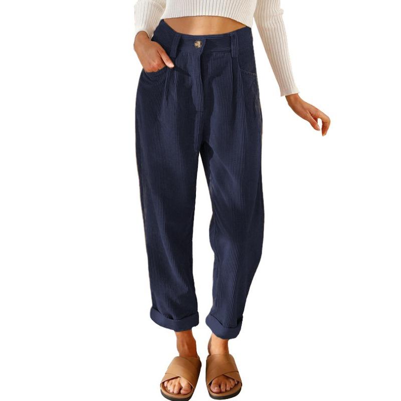 Autumn Winter Vintage High Waist Loose Casual All-match Corduroy Pants Women Solid Color Straight Trousers