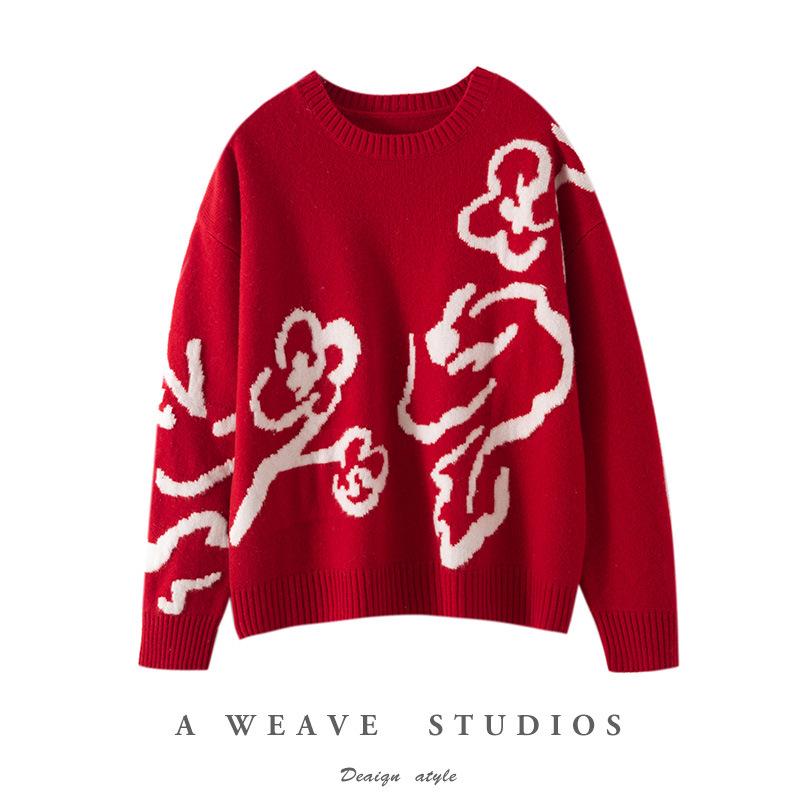 Women's Zodiac Year Red 100% Pure Wool Jacquard Sweater - Cozy, Soft, and Loose Fit