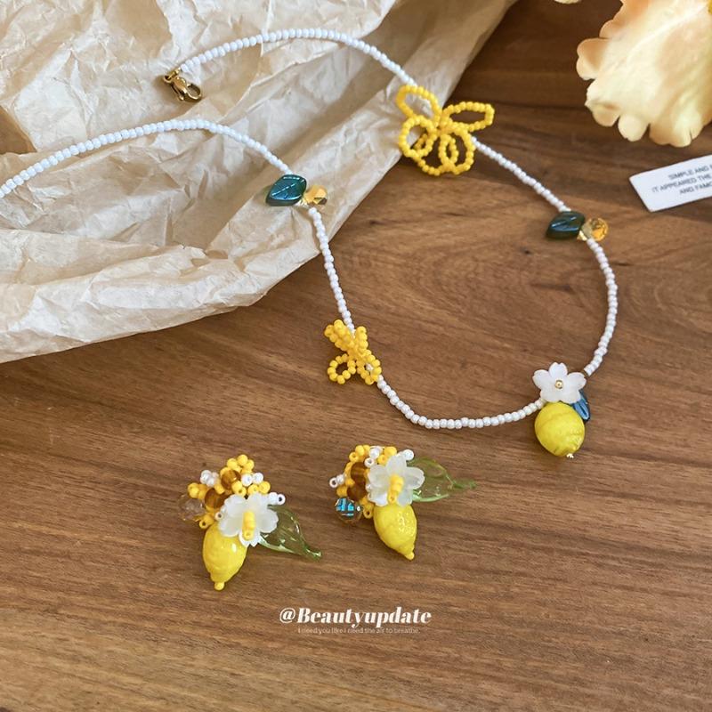 Seaside Vacation Style Crystal Lemon Necklace Earrings Small Fresh and Sweet Jewelry Set Design Sense Niche Jewelry Women